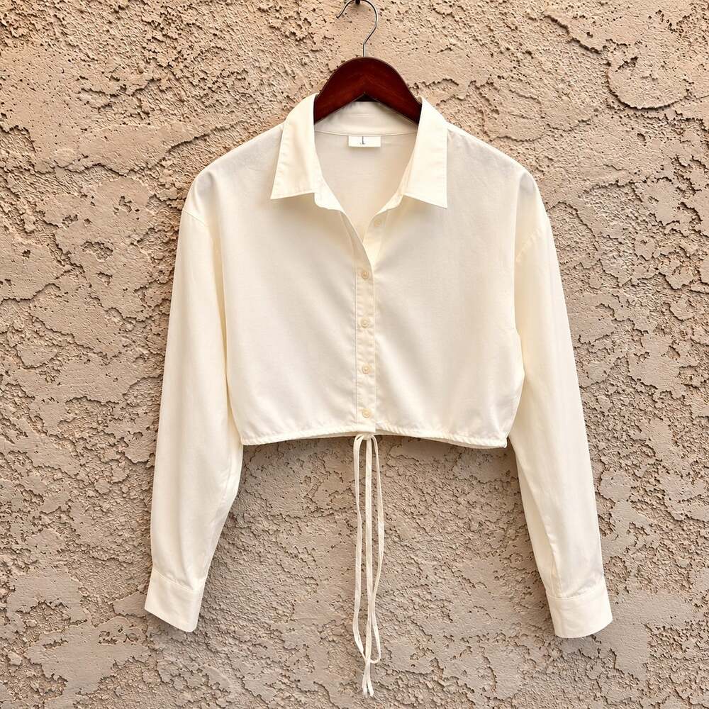 Anthropologie Cropped Button Down Cream Cotton Shirt Size Medium